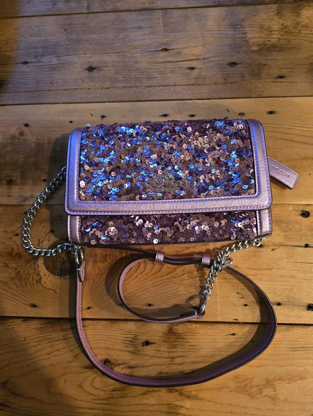 Coach Flap Clutch Crossbody Bag in Lilac Metallic Leather & Sequins